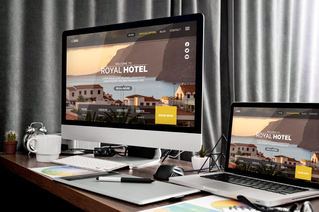 Projekt strony internetowej hotelu na ekranie komputera i laptopa